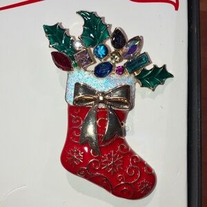 New Festive Red Stocking Brooch / pin with rhinestone Accents, holly